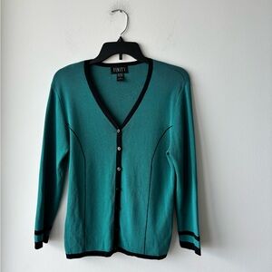 VTG Finity Cardigan Sweater Knit Green Black V Neck Women M 90s Minimalist
